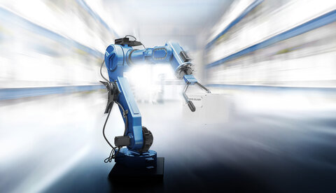 Industriearm, der eine Box hält, zeigt den Einsatz von Gasfedern zur Unterstützung von Bewegungen in der Automatisierungstechnik.